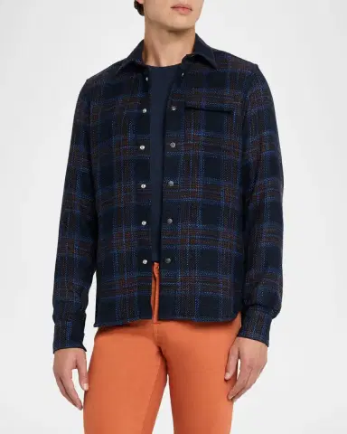Kiton Men 's Wool-Blend Plaid Snap-Front Overshirt | Thumbnail 4 Kiton Men 's Wool-Blend Plaid Snap-Front Overshirt | Thumbnail 4