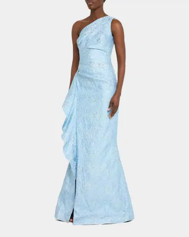 Rickie Freeman for Teri Jon One-Shoulder Jacquard Side-Ruffle Gown | Thumbnail 4 Rickie Freeman for Teri Jon One-Shoulder Jacquard Side-Ruffle Gown | Thumbnail 4
