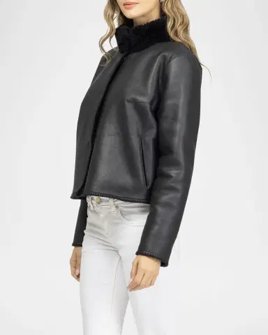 Gorski Reversible Merino Grooved Shearling Lamb Jacket With Embroidered Trim | Thumbnail 4 Gorski Reversible Merino Grooved Shearling Lamb Jacket With Embroidered Trim | Thumbnail 4