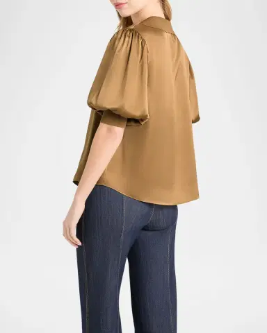 Cinq à Sept Weldon Collared V-Neck Short-Sleeve Silk Combo Top | Thumbnail 2 Cinq à Sept Weldon Collared V-Neck Short-Sleeve Silk Combo Top | Thumbnail 2