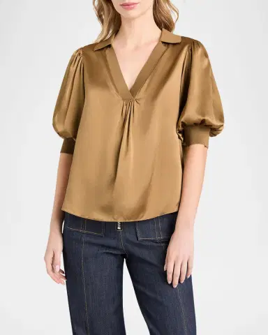 Cinq à Sept Weldon Collared V-Neck Short-Sleeve Silk Combo Top | Thumbnail 3 Cinq à Sept Weldon Collared V-Neck Short-Sleeve Silk Combo Top | Thumbnail 3
