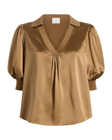 Cinq à Sept Weldon Collared V-Neck Short-Sleeve Silk Combo Top | Thumbnail 1 Cinq à Sept Weldon Collared V-Neck Short-Sleeve Silk Combo Top | Thumbnail 1