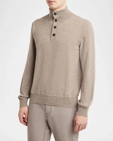 Brioni Men's Cashmere Knit Mock Neck Half-Placket Sweater | Thumbnail 3 Brioni Men's Cashmere Knit Mock Neck Half-Placket Sweater | Thumbnail 3