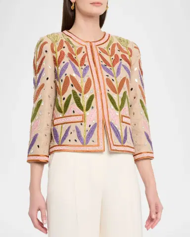 Valentino Garavani Beaded Leaf-Embroidered Linen Jacket | Thumbnail 4 Valentino Garavani Beaded Leaf-Embroidered Linen Jacket | Thumbnail 4