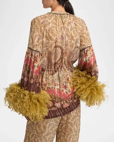 Valentino Garavani Flare-Sleeve Metallic Paisley Silk Top With Feather Trim | Thumbnail 3 Valentino Garavani Flare-Sleeve Metallic Paisley Silk Top With Feather Trim | Thumbnail 3