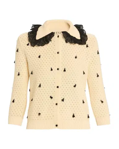 Valentino Garavani Pointelle Micro Tassel Ruffled Cardigan | Thumbnail 1 Valentino Garavani Pointelle Micro Tassel Ruffled Cardigan | Thumbnail 1