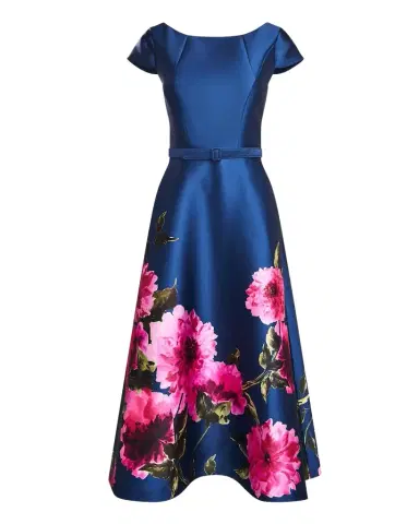 Kay Unger New York Ina Belted Tea-Length Floral Mikado Dress | Thumbnail 1 Kay Unger New York Ina Belted Tea-Length Floral Mikado Dress | Thumbnail 1