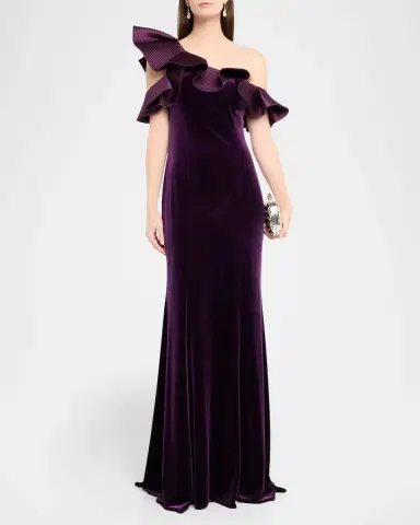 Rickie Freeman for Teri Jon One-Shoulder Ruffle Velvet Gown | Thumbnail 2 Rickie Freeman for Teri Jon One-Shoulder Ruffle Velvet Gown | Thumbnail 2
