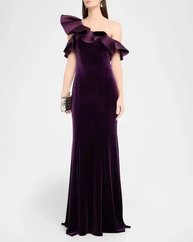 Rickie Freeman for Teri Jon One-Shoulder Ruffle Velvet Gown | Thumbnail 4 Rickie Freeman for Teri Jon One-Shoulder Ruffle Velvet Gown | Thumbnail 4
