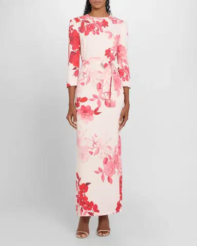 Monique Lhuillier Rose-Print Crepe Belted Bracelet-Sleeve Maxi Dress | Thumbnail 2 Monique Lhuillier Rose-Print Crepe Belted Bracelet-Sleeve Maxi Dress | Thumbnail 2