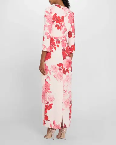 Monique Lhuillier Rose-Print Crepe Belted Bracelet-Sleeve Maxi Dress | Thumbnail 3 Monique Lhuillier Rose-Print Crepe Belted Bracelet-Sleeve Maxi Dress | Thumbnail 3
