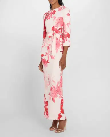 Monique Lhuillier Rose-Print Crepe Belted Bracelet-Sleeve Maxi Dress | Thumbnail 4 Monique Lhuillier Rose-Print Crepe Belted Bracelet-Sleeve Maxi Dress | Thumbnail 4