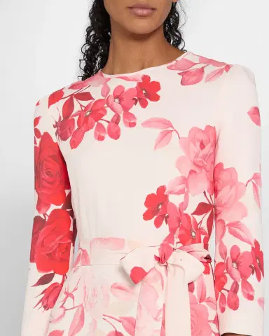 Monique Lhuillier Rose-Print Crepe Belted Bracelet-Sleeve Maxi Dress | Thumbnail 5 Monique Lhuillier Rose-Print Crepe Belted Bracelet-Sleeve Maxi Dress | Thumbnail 5