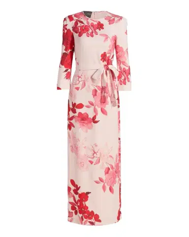 Monique Lhuillier Rose-Print Crepe Belted Bracelet-Sleeve Maxi Dress | Thumbnail 1 Monique Lhuillier Rose-Print Crepe Belted Bracelet-Sleeve Maxi Dress | Thumbnail 1