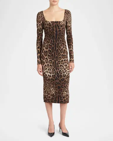 Dolce & Gabbana Leopard-Print Cady Long-Sleeve Midi Dress | Thumbnail 2 Dolce & Gabbana Leopard-Print Cady Long-Sleeve Midi Dress | Thumbnail 2