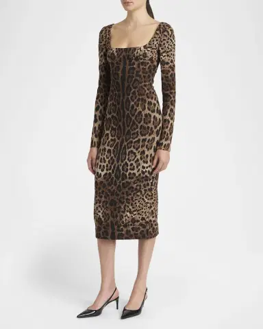 Dolce & Gabbana Leopard-Print Cady Long-Sleeve Midi Dress | Thumbnail 4 Dolce & Gabbana Leopard-Print Cady Long-Sleeve Midi Dress | Thumbnail 4