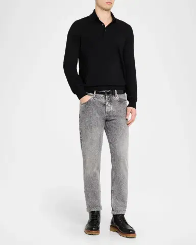 Brunello Cucinelli Men's Fine Gauge Wool-Cashmere Polo Shirt | Thumbnail 2 Brunello Cucinelli Men's Fine Gauge Wool-Cashmere Polo Shirt | Thumbnail 2