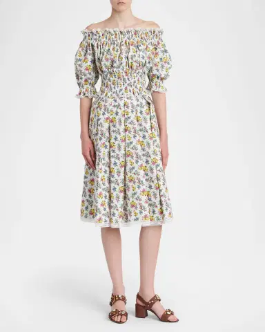 Dolce & Gabbana Off-Shoulder Smocked Floral Cotton Crop Top | Thumbnail 2 Dolce & Gabbana Off-Shoulder Smocked Floral Cotton Crop Top | Thumbnail 2