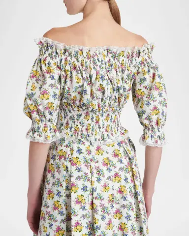 Dolce & Gabbana Off-Shoulder Smocked Floral Cotton Crop Top | Thumbnail 3 Dolce & Gabbana Off-Shoulder Smocked Floral Cotton Crop Top | Thumbnail 3