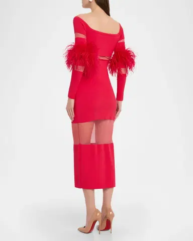 LAPOINTE Matte Viscose Off-Shoulder Intarsia Dress with Feathers | Thumbnail 3 LAPOINTE Matte Viscose Off-Shoulder Intarsia Dress with Feathers | Thumbnail 3