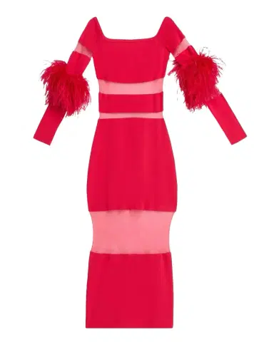 LAPOINTE Matte Viscose Off-Shoulder Intarsia Dress with Feathers | Thumbnail 1 LAPOINTE Matte Viscose Off-Shoulder Intarsia Dress with Feathers | Thumbnail 1