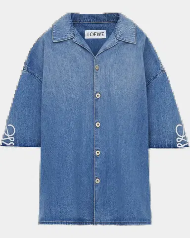 LOEWE Men's Washed Denim Anagram-Sleeve Camp Shirt | Thumbnail 2 LOEWE Men's Washed Denim Anagram-Sleeve Camp Shirt | Thumbnail 2