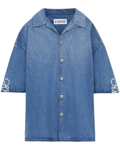 LOEWE Men's Washed Denim Anagram-Sleeve Camp Shirt | Thumbnail 1 LOEWE Men's Washed Denim Anagram-Sleeve Camp Shirt | Thumbnail 1