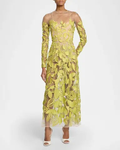 Elie Saab Embroidered Tulle Long-Sleeve Illusion Midi Dress | Thumbnail 4 Elie Saab Embroidered Tulle Long-Sleeve Illusion Midi Dress | Thumbnail 4