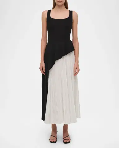 SIMKHAI Zayla Two-Tone Pleated Peplum Midi Dress | Thumbnail 2 SIMKHAI Zayla Two-Tone Pleated Peplum Midi Dress | Thumbnail 2