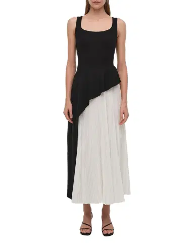 SIMKHAI Zayla Two-Tone Pleated Peplum Midi Dress | Thumbnail 1 SIMKHAI Zayla Two-Tone Pleated Peplum Midi Dress | Thumbnail 1