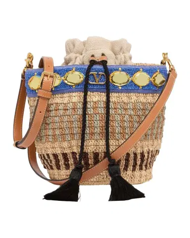 Valentino Garavani Small Viscose Raffia Beaded Bucket Bag | Thumbnail 1 Valentino Garavani Small Viscose Raffia Beaded Bucket Bag | Thumbnail 1