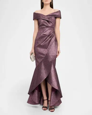 Rickie Freeman for Teri Jon Metallic Jacquard Ruffle High-Low Off-Shoulder Gown | Thumbnail 2 Rickie Freeman for Teri Jon Metallic Jacquard Ruffle High-Low Off-Shoulder Gown | Thumbnail 2