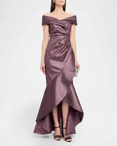 Rickie Freeman for Teri Jon Metallic Jacquard Ruffle High-Low Off-Shoulder Gown | Thumbnail 4 Rickie Freeman for Teri Jon Metallic Jacquard Ruffle High-Low Off-Shoulder Gown | Thumbnail 4