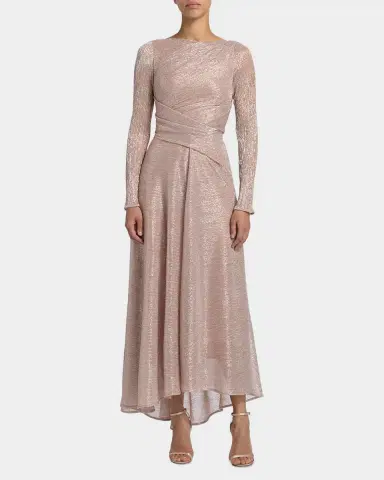 Talbot Runhof Metallic Draped Long-Sleeve High-Low Dress | Thumbnail 4 Talbot Runhof Metallic Draped Long-Sleeve High-Low Dress | Thumbnail 4