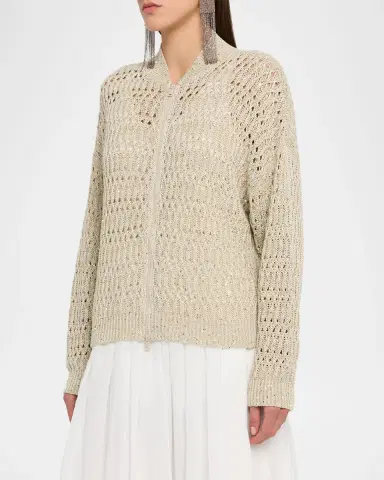 Brunello Cucinelli Paillette Linen Open-Knit Zip Cardigan | Thumbnail 4 Brunello Cucinelli Paillette Linen Open-Knit Zip Cardigan | Thumbnail 4