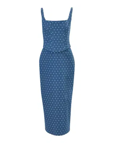 Carolina Herrera Polka-Dot Denim Corset Midi Dress | Thumbnail 1 Carolina Herrera Polka-Dot Denim Corset Midi Dress | Thumbnail 1