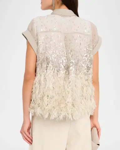 Brunello Cucinelli Sequin & Feather Silk Chiffon Blouse | Thumbnail 3 Brunello Cucinelli Sequin & Feather Silk Chiffon Blouse | Thumbnail 3