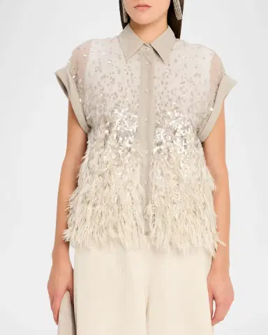 Brunello Cucinelli Sequin & Feather Silk Chiffon Blouse | Thumbnail 4 Brunello Cucinelli Sequin & Feather Silk Chiffon Blouse | Thumbnail 4