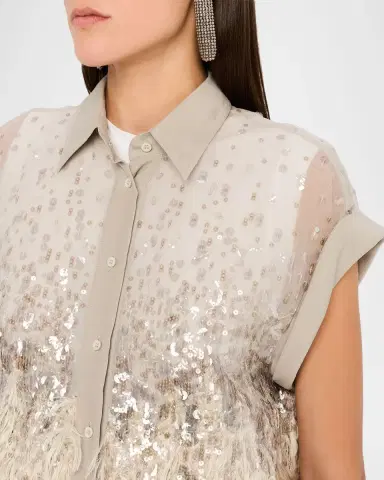 Brunello Cucinelli Sequin & Feather Silk Chiffon Blouse | Thumbnail 5 Brunello Cucinelli Sequin & Feather Silk Chiffon Blouse | Thumbnail 5