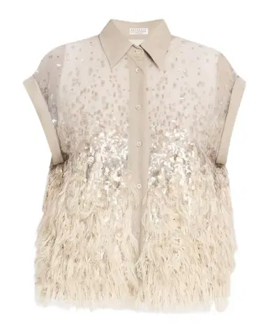 Brunello Cucinelli Sequin & Feather Silk Chiffon Blouse | Thumbnail 1 Brunello Cucinelli Sequin & Feather Silk Chiffon Blouse | Thumbnail 1