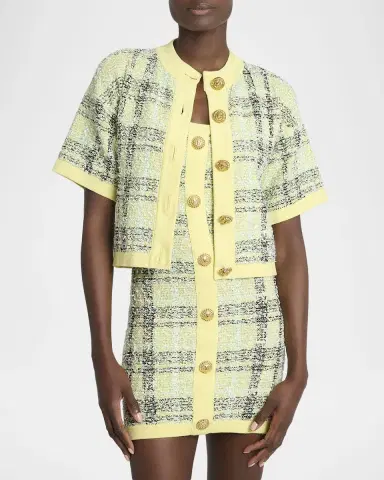 Balmain Paillette Check Tweed Short-Sleeve Cardigan | Thumbnail 4 Balmain Paillette Check Tweed Short-Sleeve Cardigan | Thumbnail 4