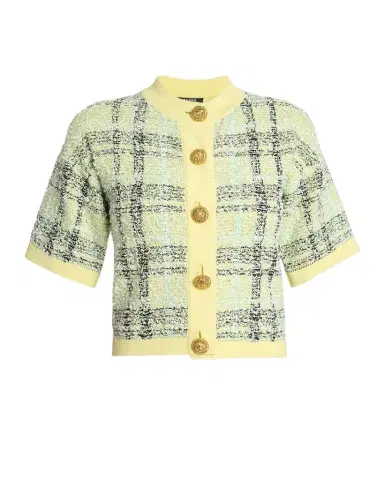 Balmain Paillette Check Tweed Short-Sleeve Cardigan | Thumbnail 1 Balmain Paillette Check Tweed Short-Sleeve Cardigan | Thumbnail 1