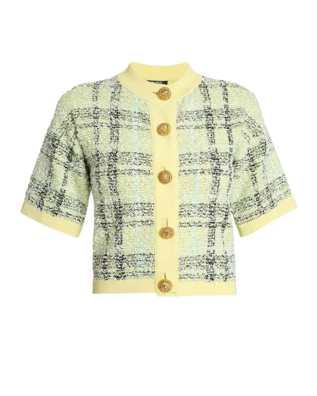 Paillette Check Tweed Short-Sleeve Cardigan Paillette Check Tweed Short-Sleeve Cardigan