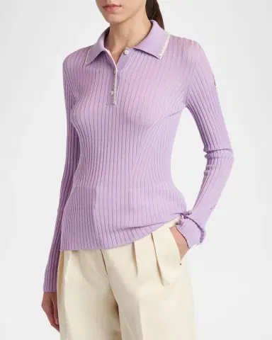 Moncler Long-Sleeve Rib-Knit Polo | Thumbnail 4 Moncler Long-Sleeve Rib-Knit Polo | Thumbnail 4