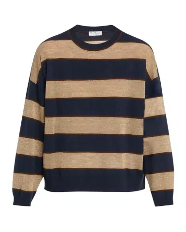 Brunello Cucinelli Shimmering Striped Wool-Cashmere Crewneck Sweater | Thumbnail 1 Brunello Cucinelli Shimmering Striped Wool-Cashmere Crewneck Sweater | Thumbnail 1
