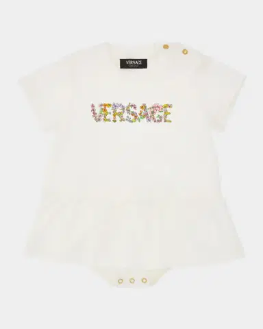 Versace Girl's Stretch Jersey Romper Dress, Size 1M-18M | Thumbnail 2 Versace Girl's Stretch Jersey Romper Dress, Size 1M-18M | Thumbnail 2