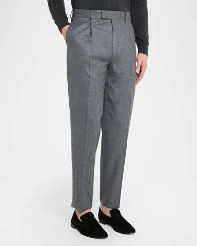 ZEGNA Men's Wool Flannel Pleated Tapered Fit Trousers | Thumbnail 4 ZEGNA Men's Wool Flannel Pleated Tapered Fit Trousers | Thumbnail 4