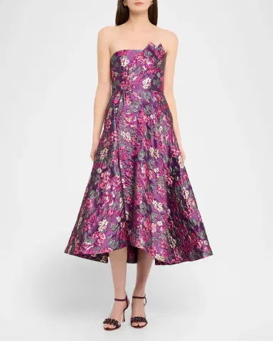 Theia Carolina Strapless Floral Jacquard Midi Dress | Thumbnail 2 Theia Carolina Strapless Floral Jacquard Midi Dress | Thumbnail 2