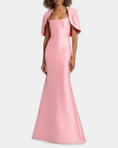 Badgley Mischka Square-Neck Mikado Capelet Trumpet Gown | Thumbnail 4 Badgley Mischka Square-Neck Mikado Capelet Trumpet Gown | Thumbnail 4