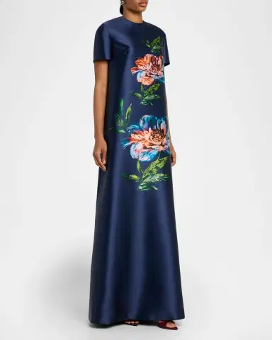 Reem Acra Floral-Print Satin Faille Long Kaftan Gown | Thumbnail 4 Reem Acra Floral-Print Satin Faille Long Kaftan Gown | Thumbnail 4